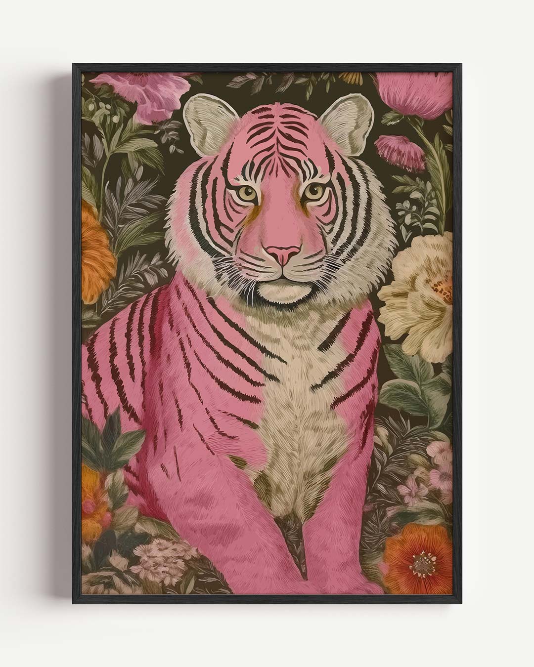 Roze Tijger en Bloemen – dieren portret poster als wanddecoratie
