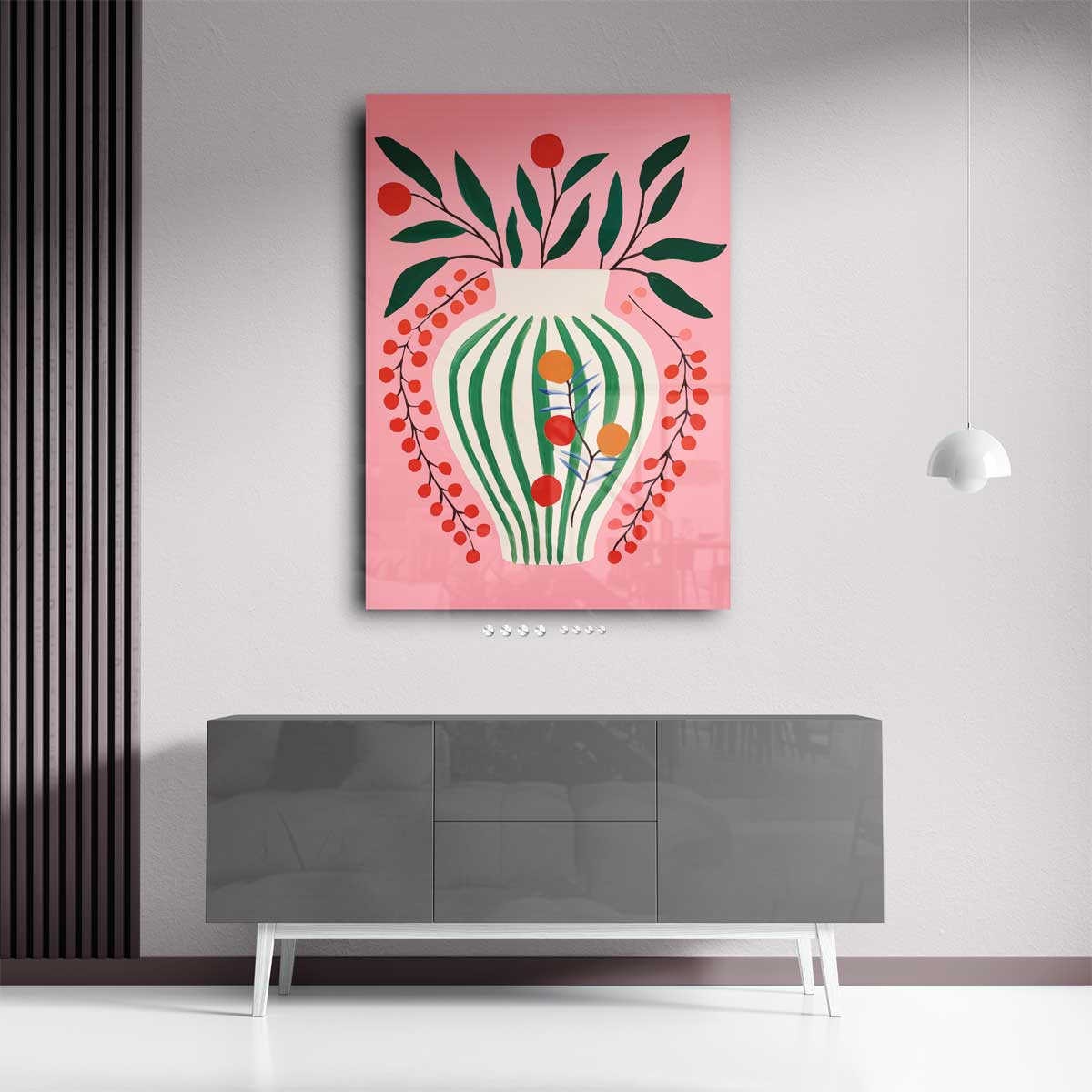 Vrolijke Vaas op Roze Achtergrond – plexiglas wanddecoratie in portret formaat