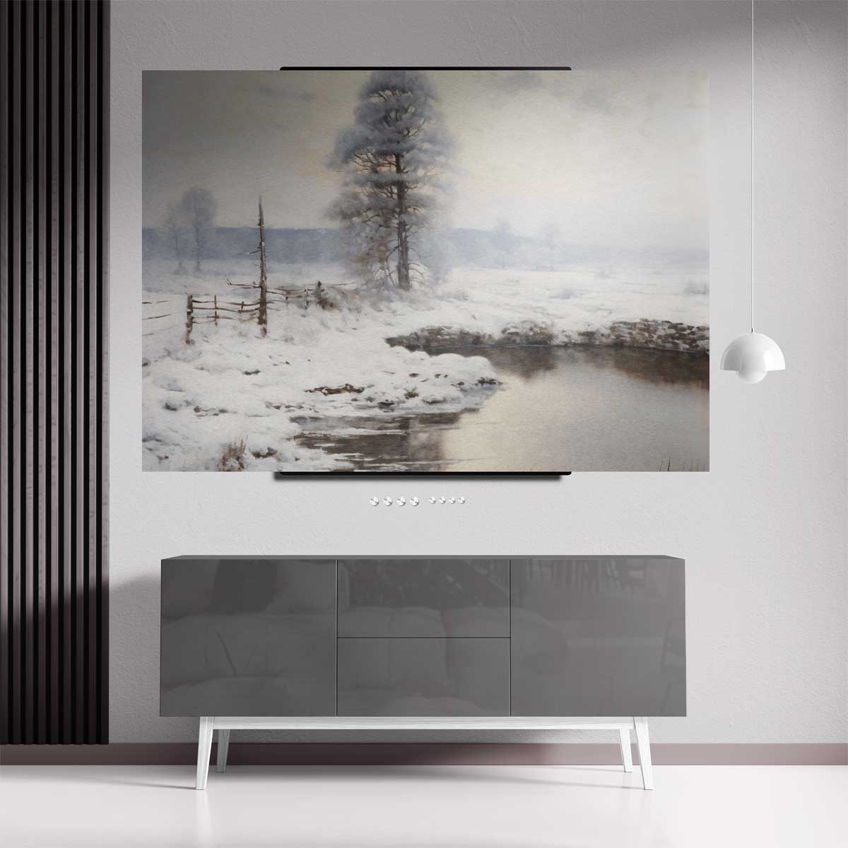 Winterlandschap met Sneeuw en Vijver – staande wandkunst voor woonkamer of interieur