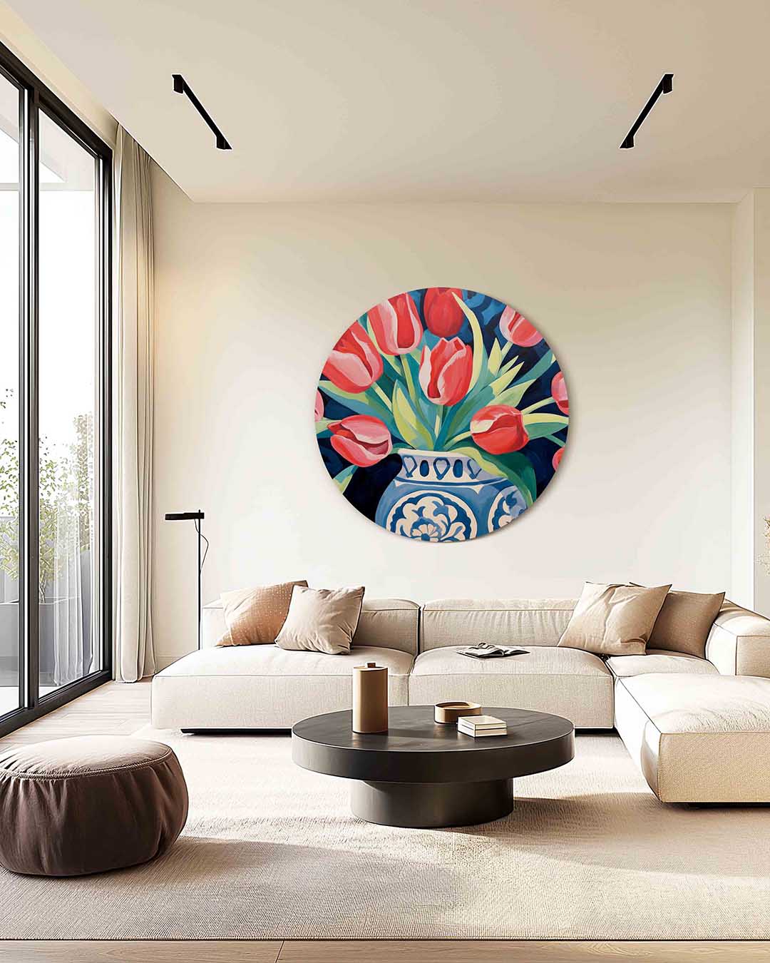 Tulpen in vaas – kleurrijke muurcirkel als ronde wanddecoratie
