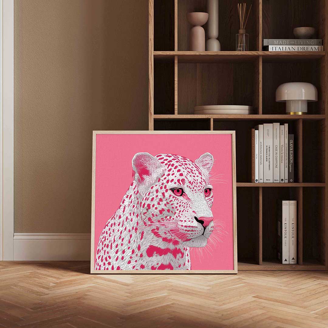 Roze luipaard – kleurrijke Pop Art poster in vierkant formaat