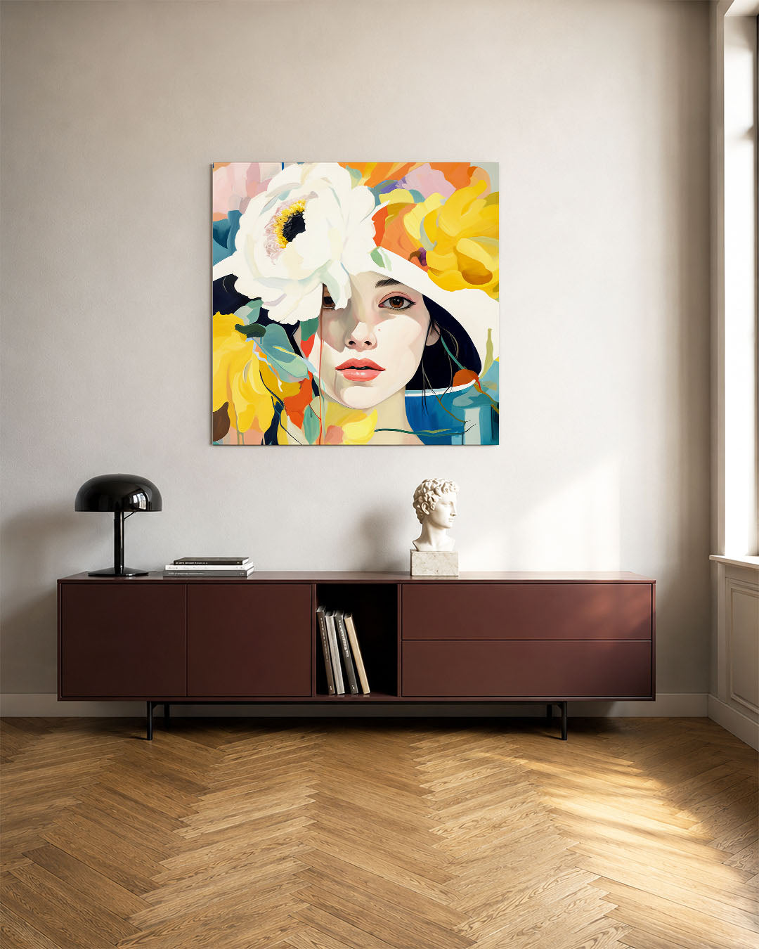 Vrouwelijk bloemenportret kunstwerk – tweede productweergave – dit werk toont een vrouwelijk gezicht omringd door grote