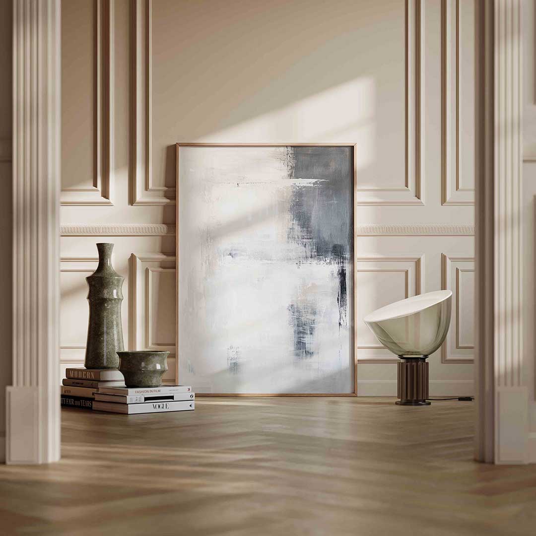 Abstracte grijze en witte – staande abstracte wanddecoratie van WallArtistic