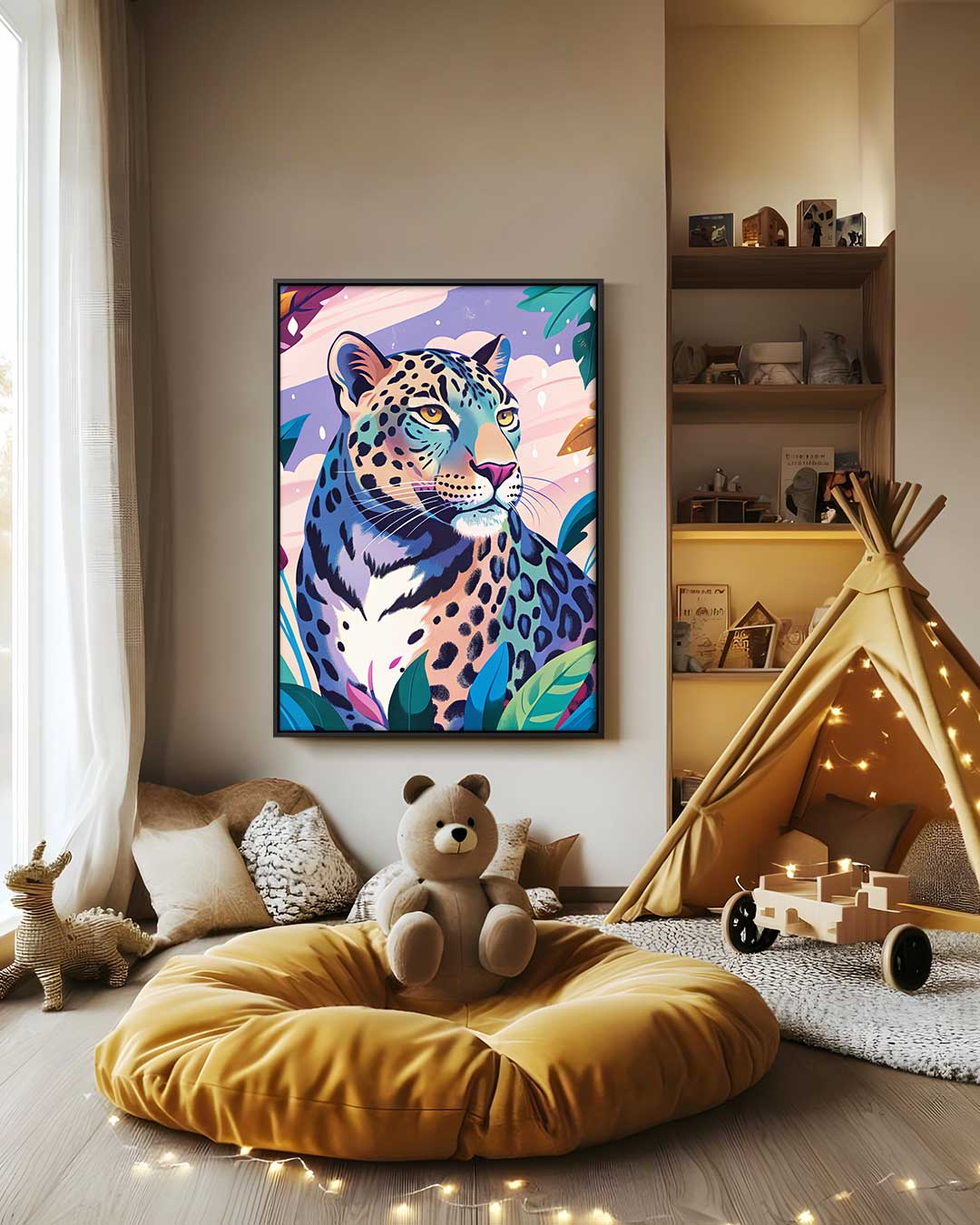 Kleurrijke Luipaard in de Jungle – canvas wanddecoratie in portret formaat