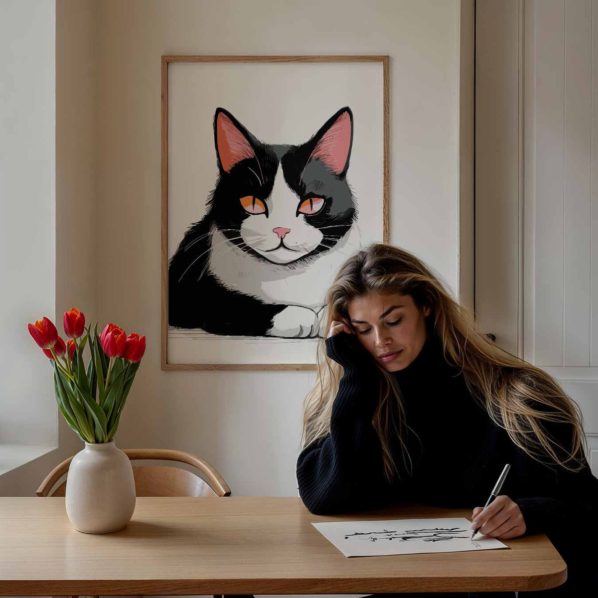 Chique Kattenportret in Zwart & Wit – staande dieren wanddecoratie van WallArtistic