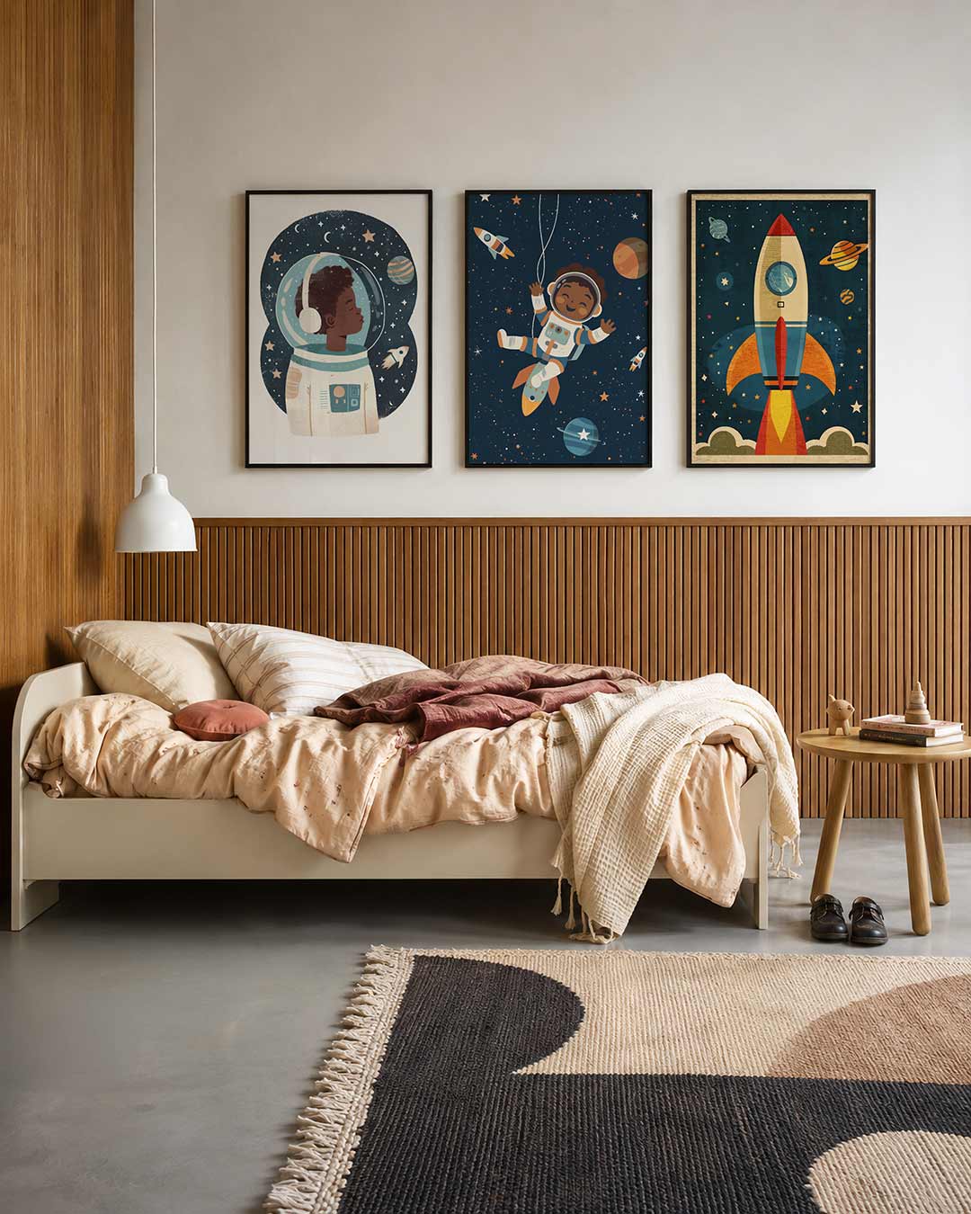 Sterren en ruimte driedelige posterset – een kind in een ruimtepak zweeft tussen sterren en planeten