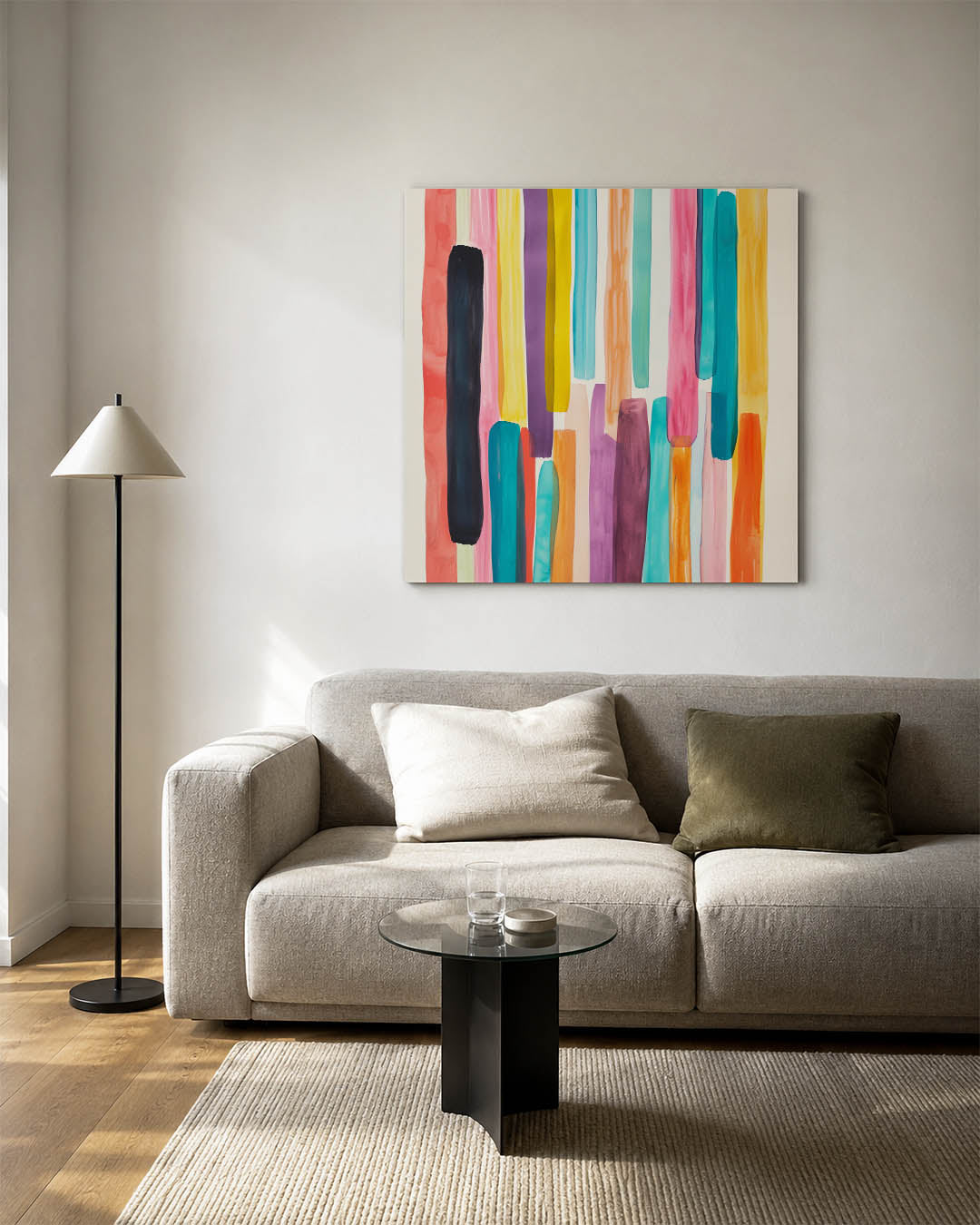 Kleurrijke verticale strepen kunstwerk – vierkante wanddecoratie – dit werk toont een compositie van verticale strepen in