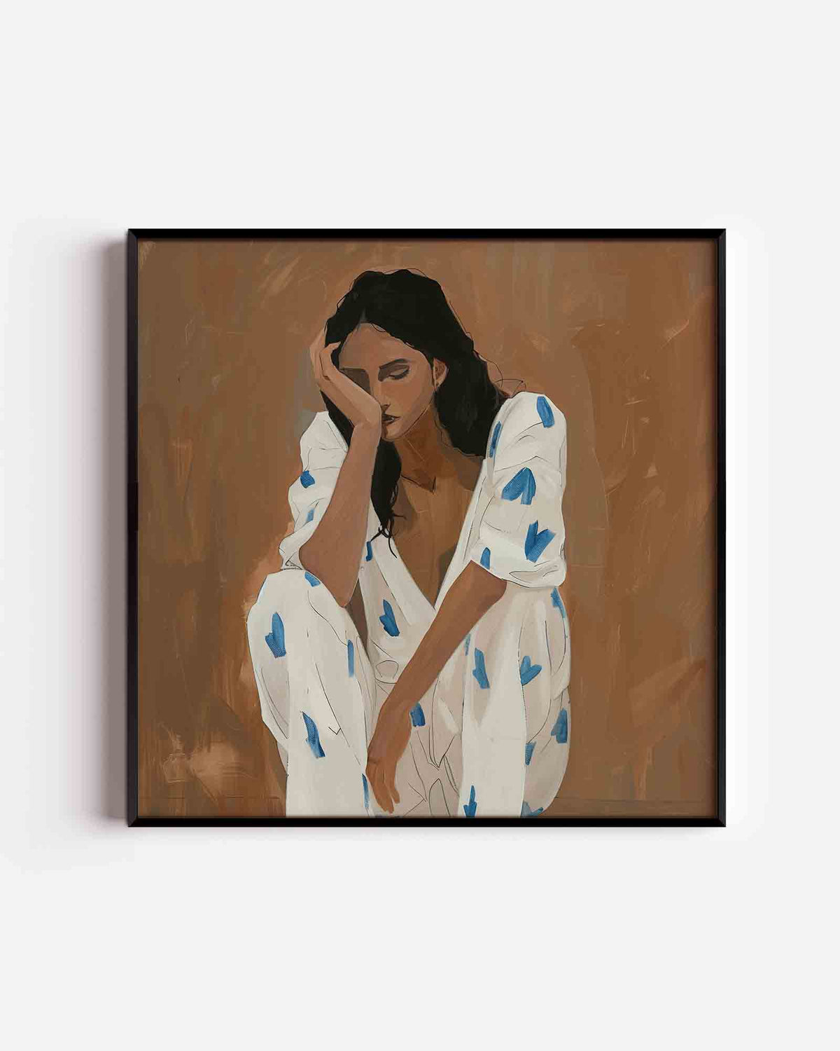 Zittende vrouw met blauwe accenten – design vierkante poster als wanddecoratie