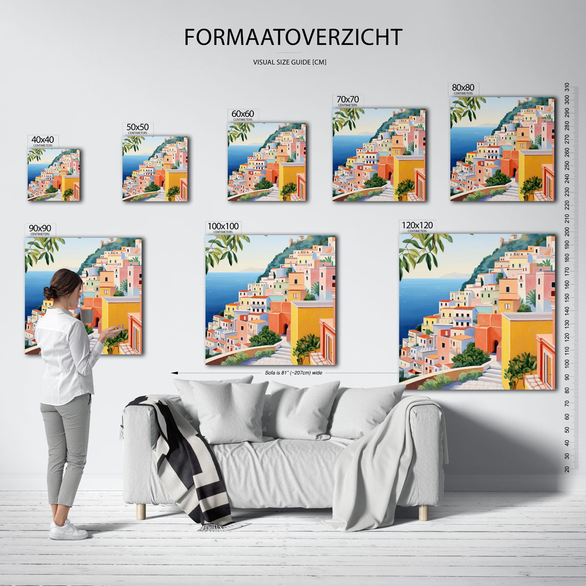 Gekleurde huizen aan zee – vierkante muurposter voor keuken of eethoek