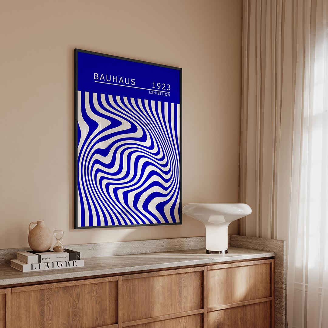 Golvend lijnenspel – geometrische Bauhaus poster in staand formaat