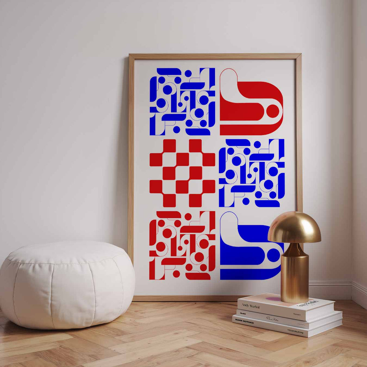 Retro Geometrische Rood-Blauwe – staande kleurrijke abstracte wanddecoratie van WallArtistic