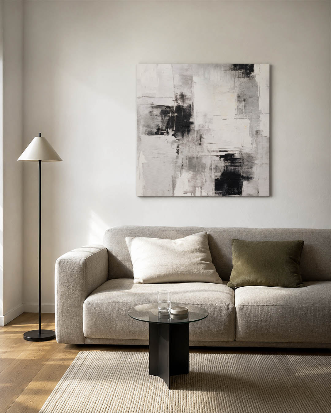 Monochrome compositie kunstwerk – vierkante wanddecoratie – dit werk toont een dynamisch spel van zwart-witte vlakken en