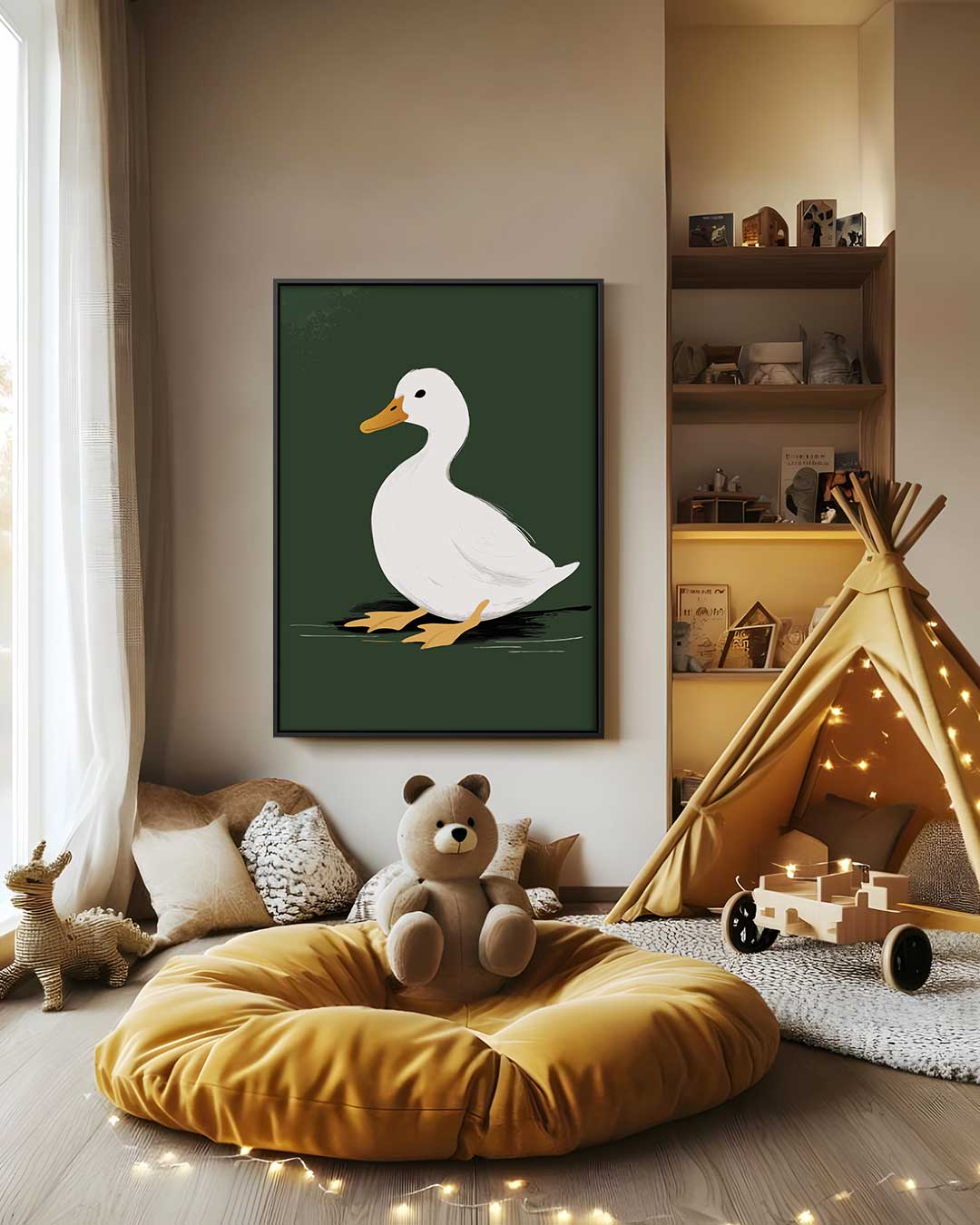 Eend op Donkergroene Achtergrond – modern portret kunstwerk van WallArtistic