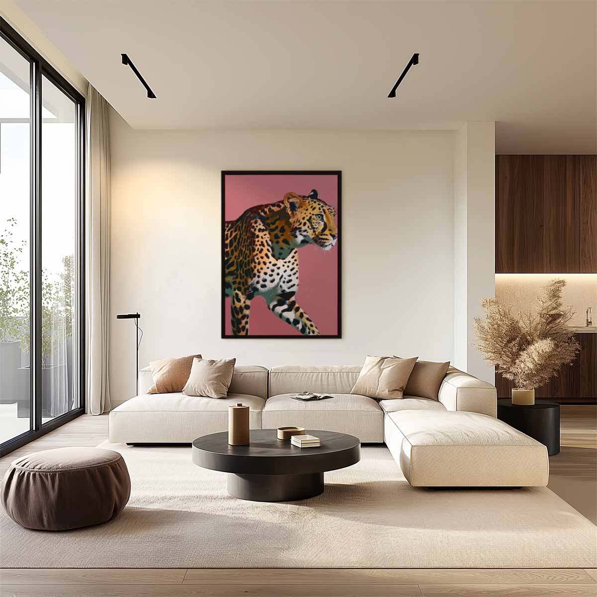 Elegante Luipaard op Roze Achtergrond – staand kunstwerk voor modern interieur