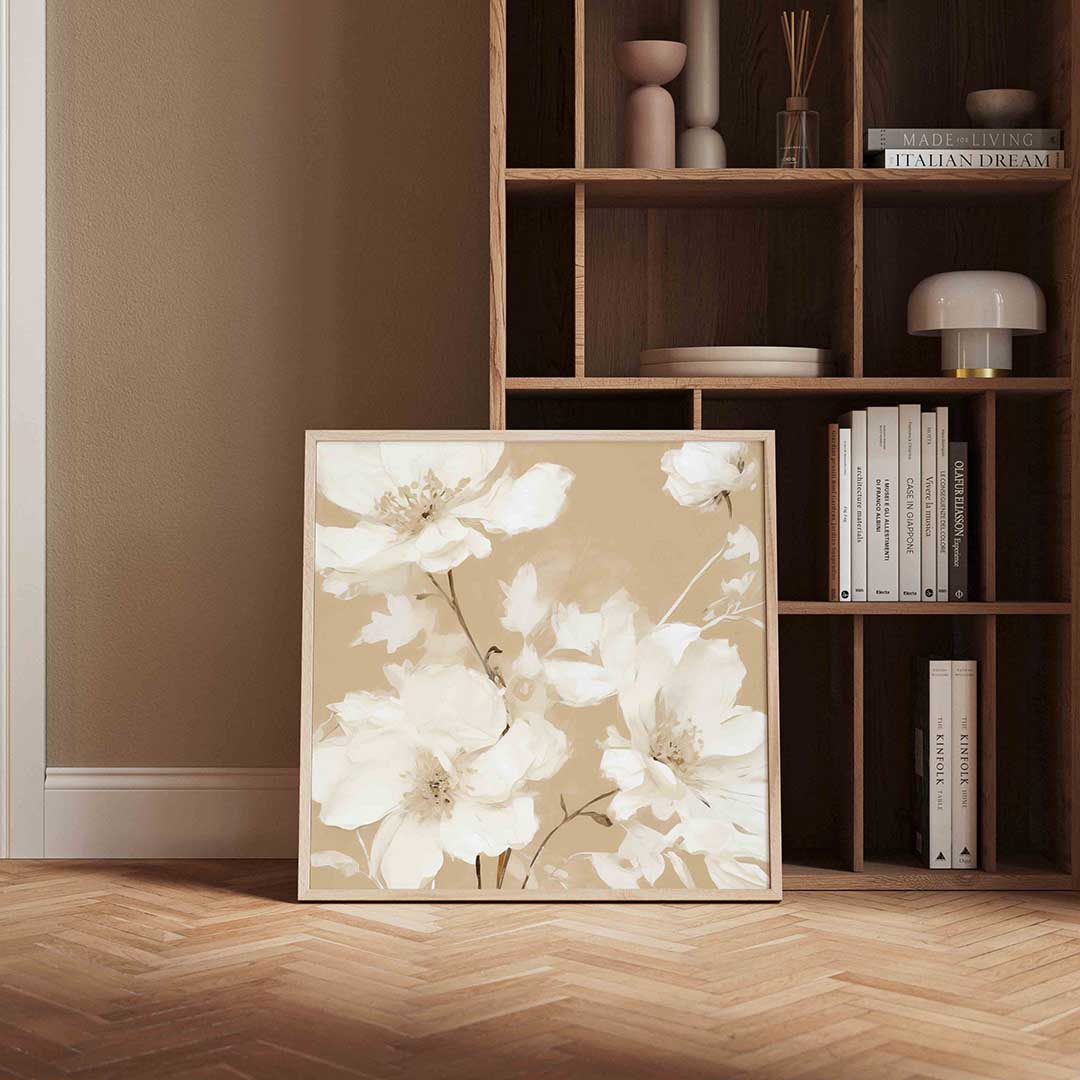 Witte bloemen – vierkante vintage wanddecoratie van WallArtistic