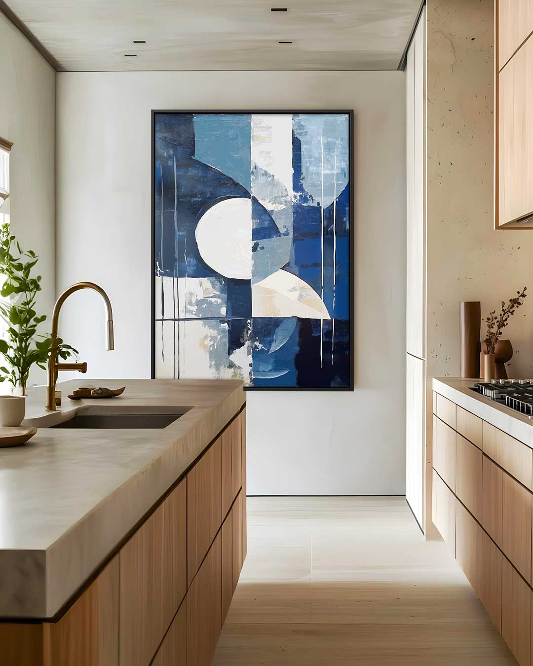 Abstracte Blauwe Geometrie – dibond wanddecoratie in staand formaat