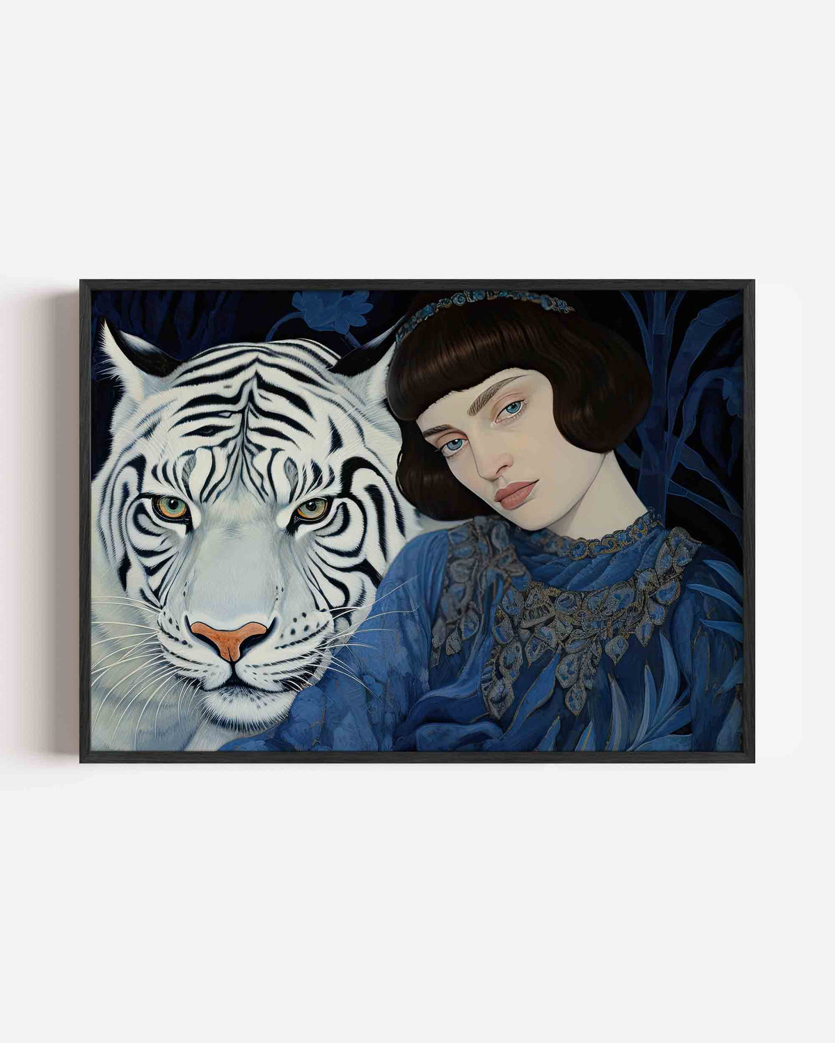 Witte tijger en vrouw – dieren landscape poster als wanddecoratie