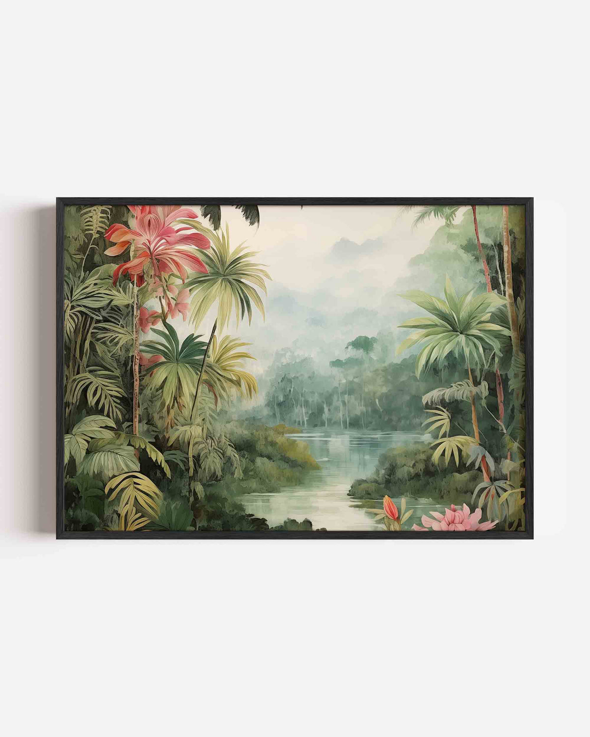 Tropische planten en mistige rivier – jungle landscape poster als wanddecoratie