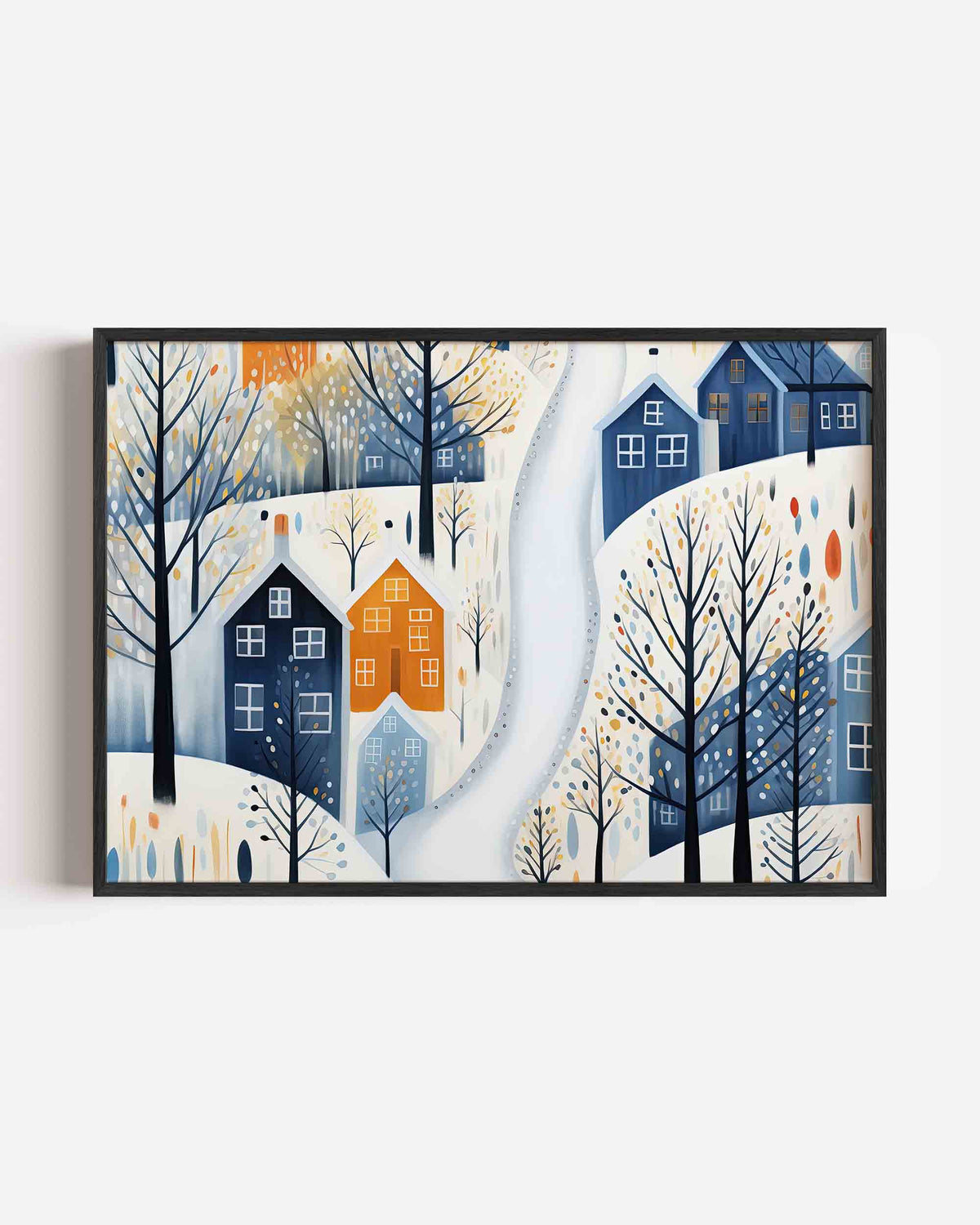 Sneeuwlandschap met huizen – hedendaagse illustratie poster in landscape formaat