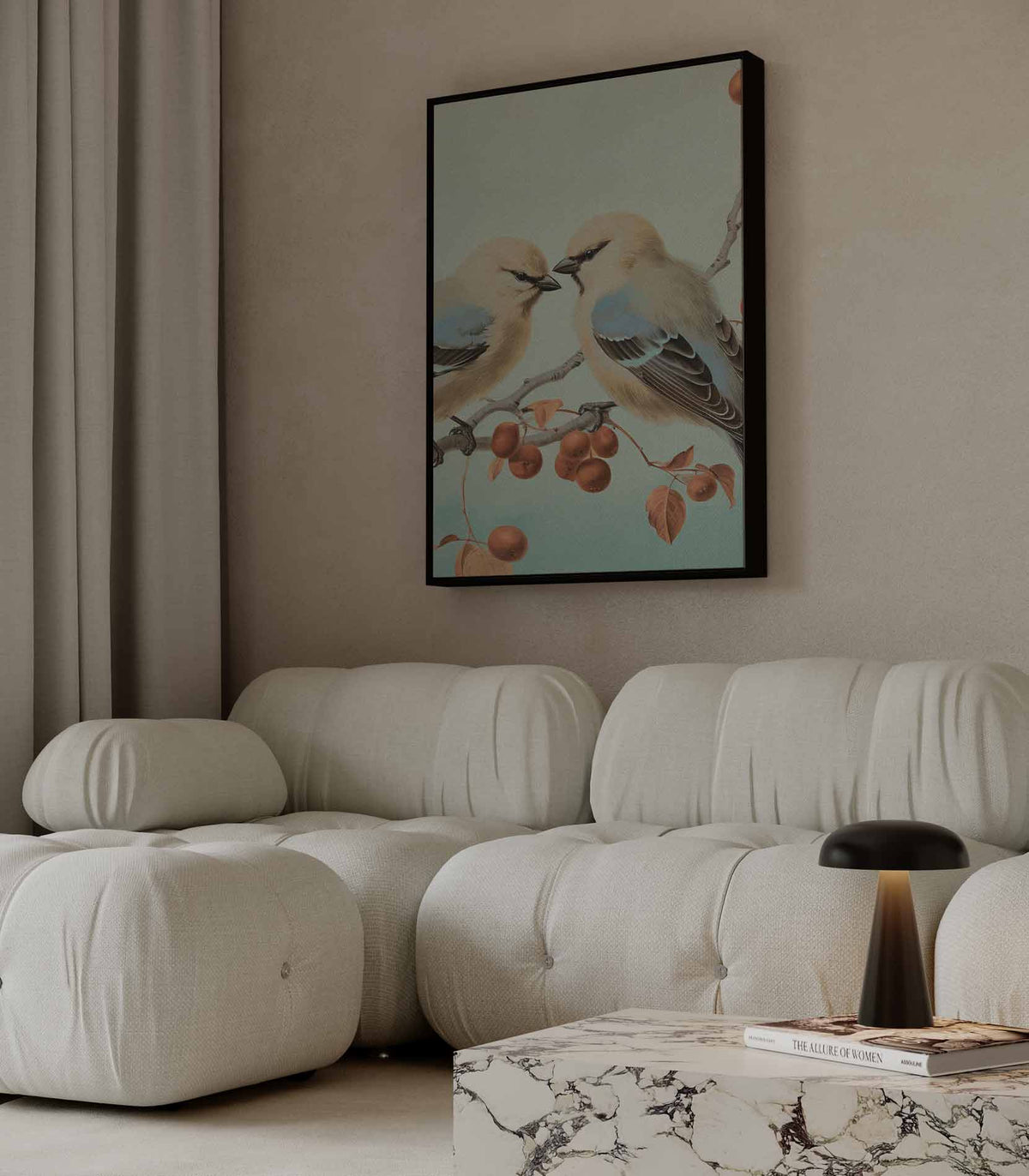 Twee Vogels op een Tak – modern portret kunstwerk van WallArtistic