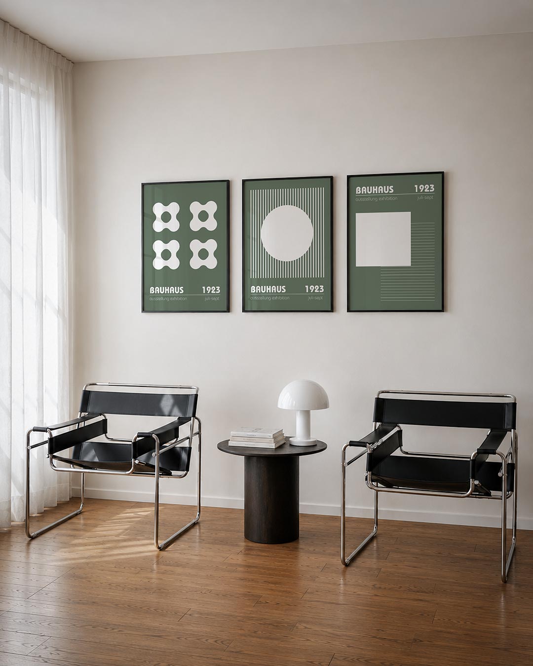 Vormen en vlakken posterset – tweede productweergave – vier witte, organische vormen op een grijsgroene achtergrond. Strakke
