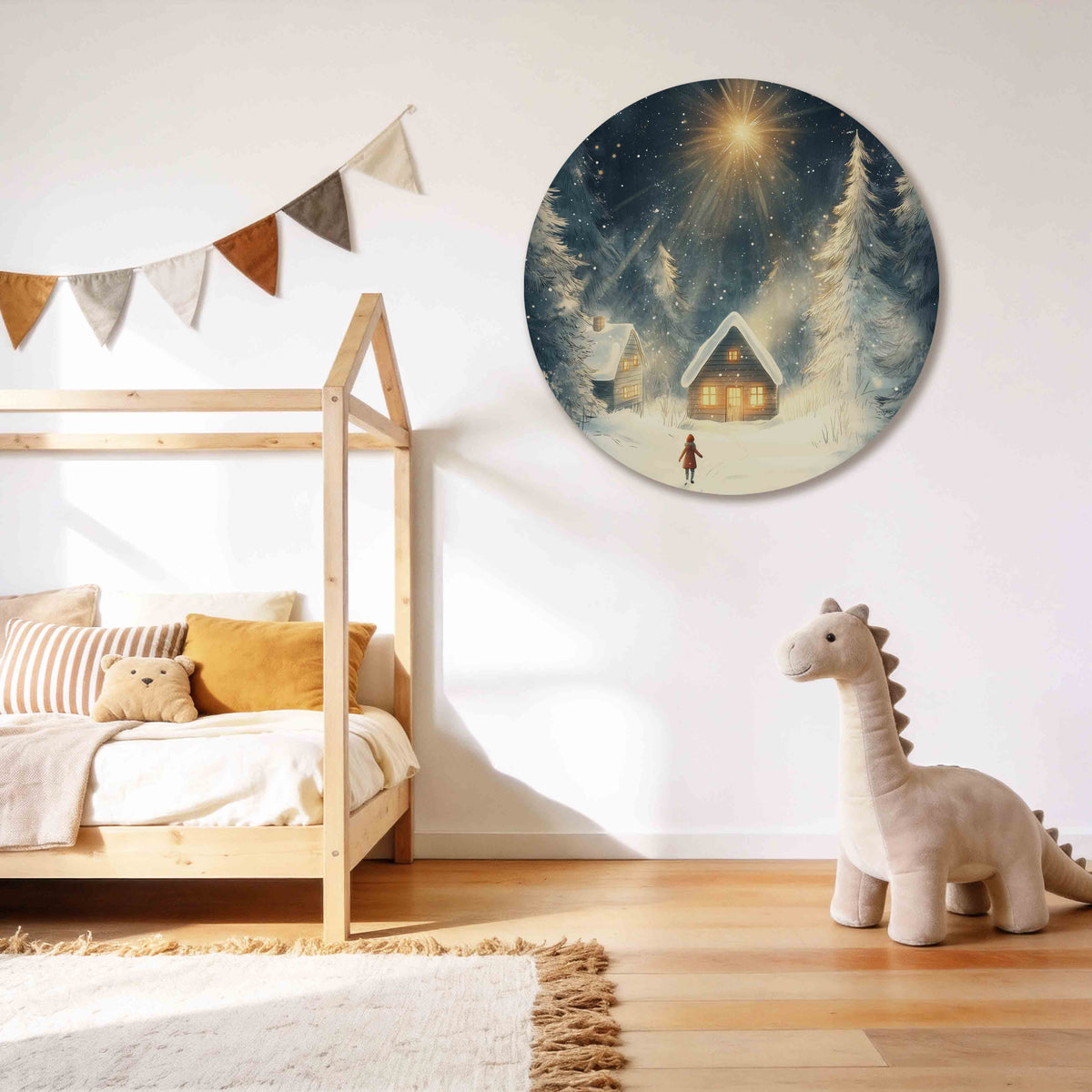 Winterlandschap met huisjes Muurcirkel – tweede productweergave – Een besneeuwd landschap met twee houten huisjes en een kind