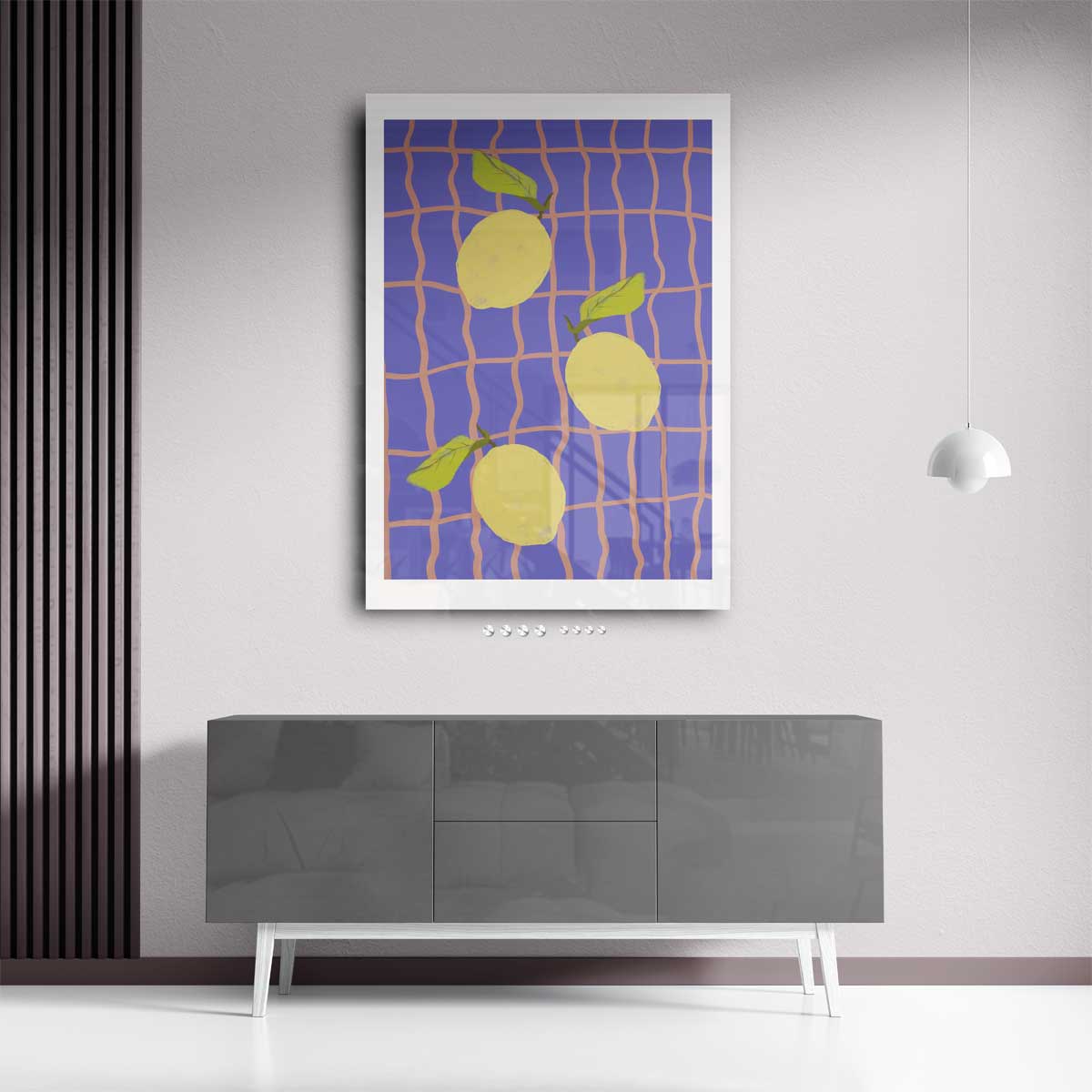Citroenen op Blauw Ruitpatroon – staand kunstwerk voor modern interieur