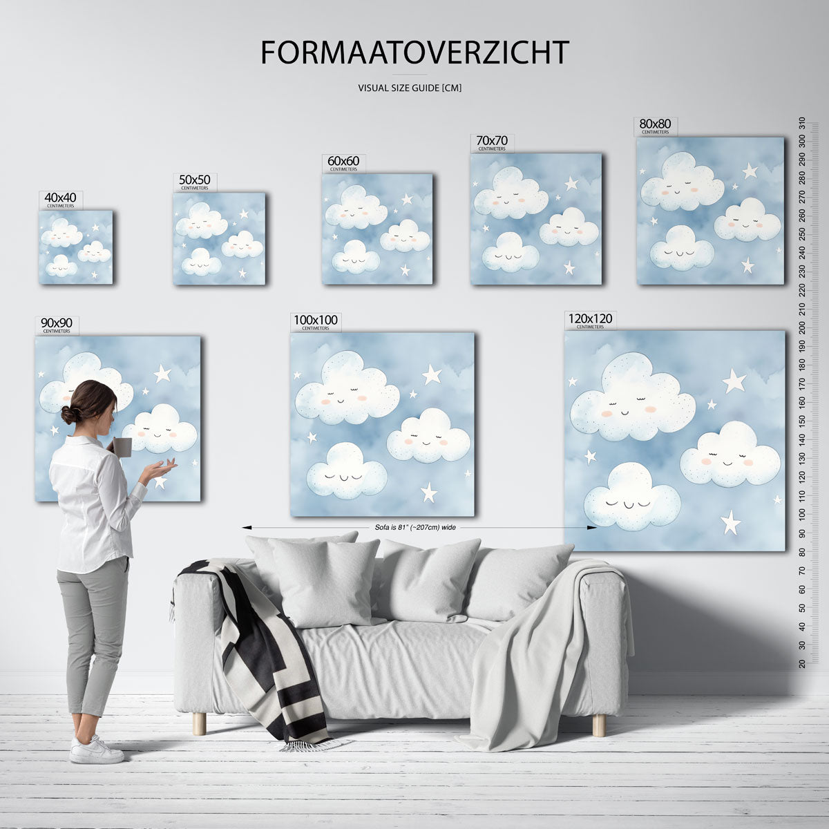 Lachende wolken en sterren – vierkante muurposter voor de kinderkamer