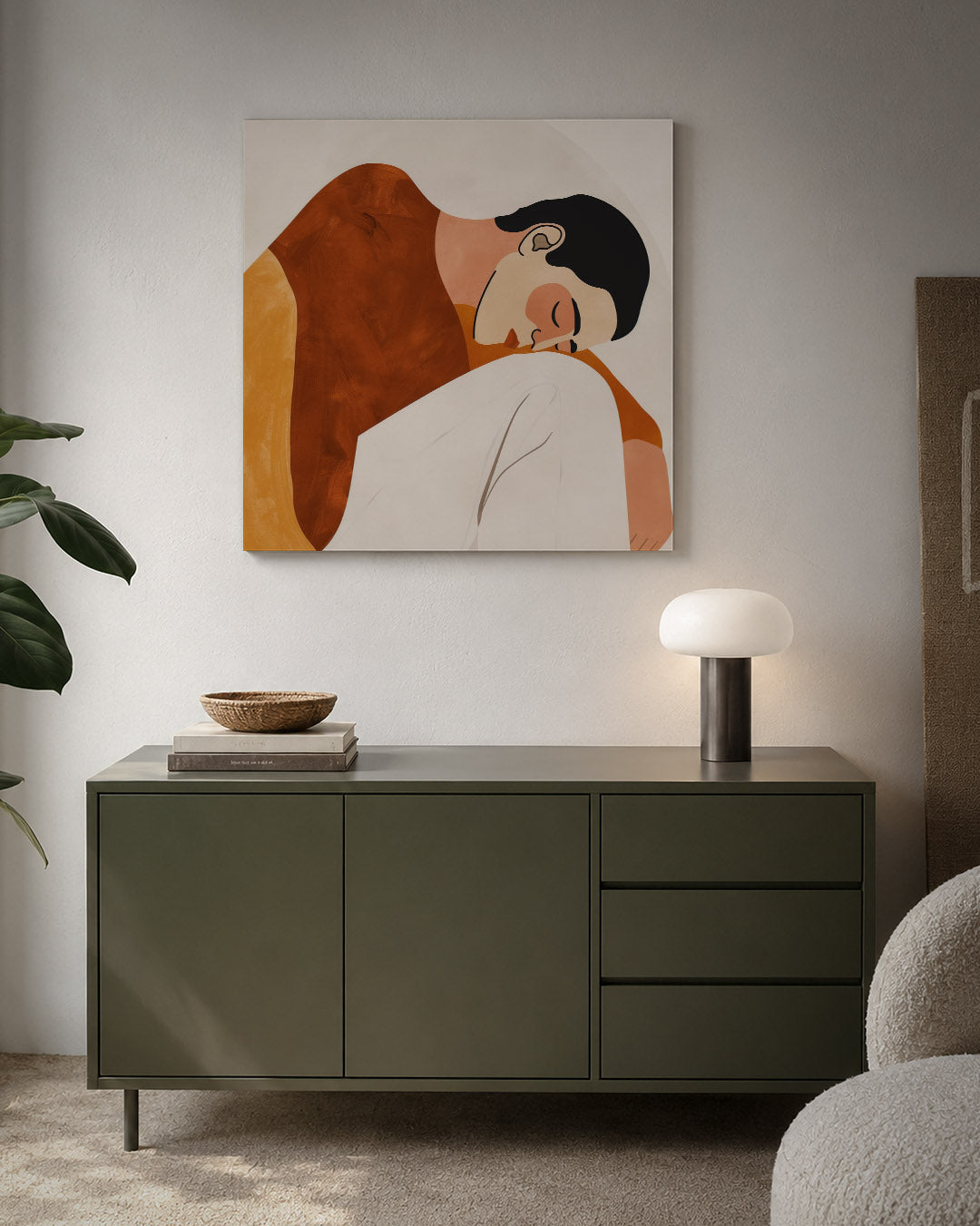 Gestileerde figuren kunstwerk – detailweergave – dit werk toont vloeiende lijnen en zachte vormen in warme tinten. De