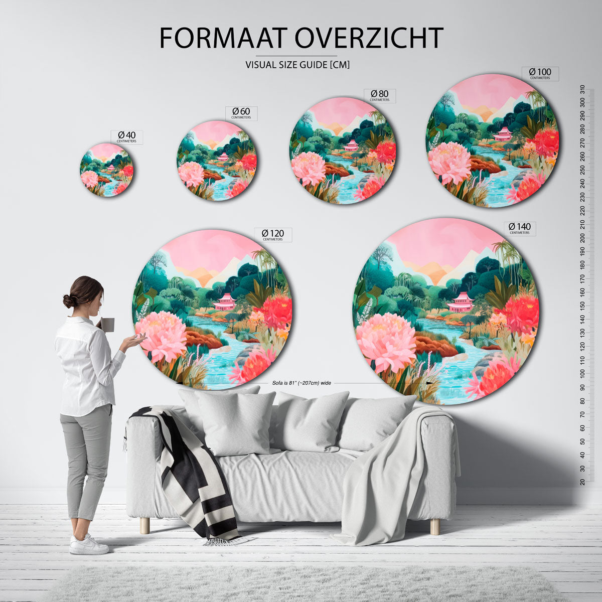 Landschap met bloemen en tempel – abstracte wandkunst met textuur als muurcirkel