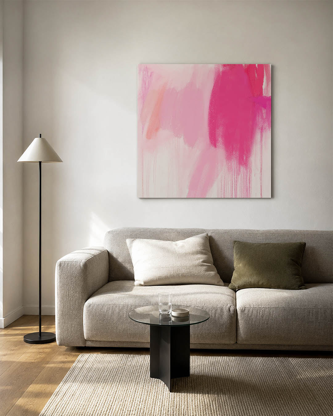 Vloeiende kleurencompositie kunstwerk – vierkante wanddecoratie – dit kunstwerk toont een dynamisch spel van roze tinten met