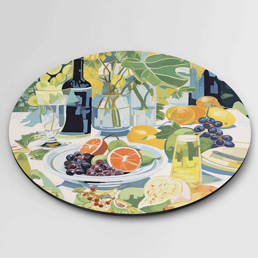 Fruit en flessen – ronde textuur wanddecoratie van WallArtistic