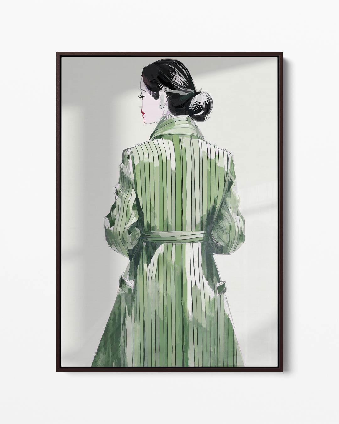 Elegante Gestalte in Groene Jas – portret kunstwerk als wanddecoratie