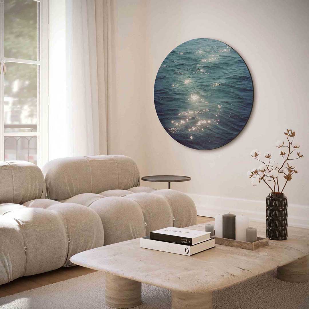 Zonnestralen op water – portret muurcirkel als ronde muurdecoratie