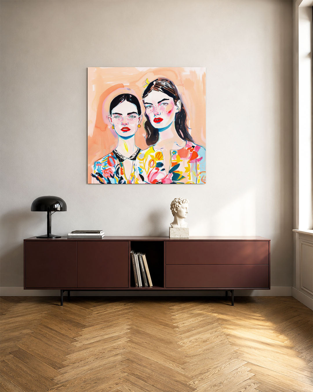 Portretten kunstwerk – tweede productweergave – dit werk toont twee figuren met levendige kleuren en gedurfde lijnen. De