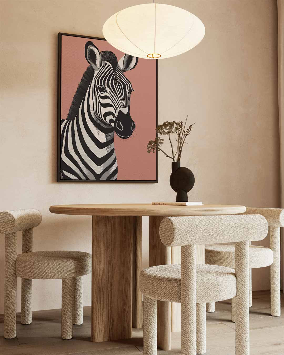 Zebra Portret op Roze Achtergrond – staand kunstwerk voor modern interieur