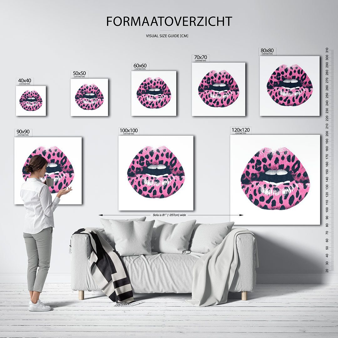 Gedurfde lippenprint kunstwerk – sfeerbeeld – dit kunstwerk toont een opvallende lippenprint met een speels patroon. De