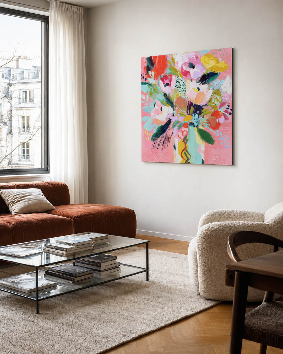 Kleurrijke bloemexplosie kunstwerk – vierkante wanddecoratie – dit werk toont een levendige verzameling bloemen in een