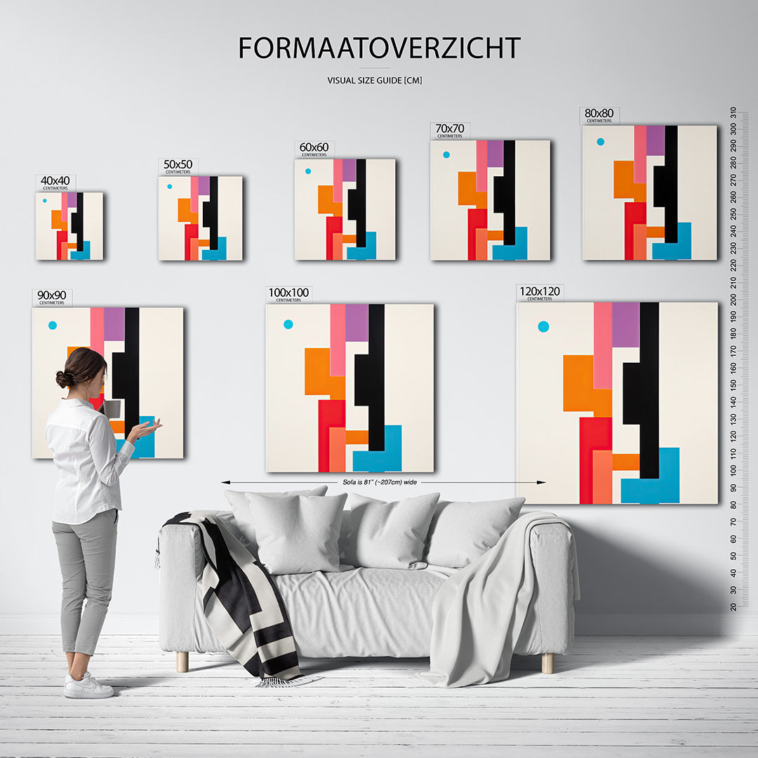 Geometrische kleurencompositie kunstwerk – sfeerbeeld – dit werk toont een dynamische compositie van rechthoeken en lijnen in