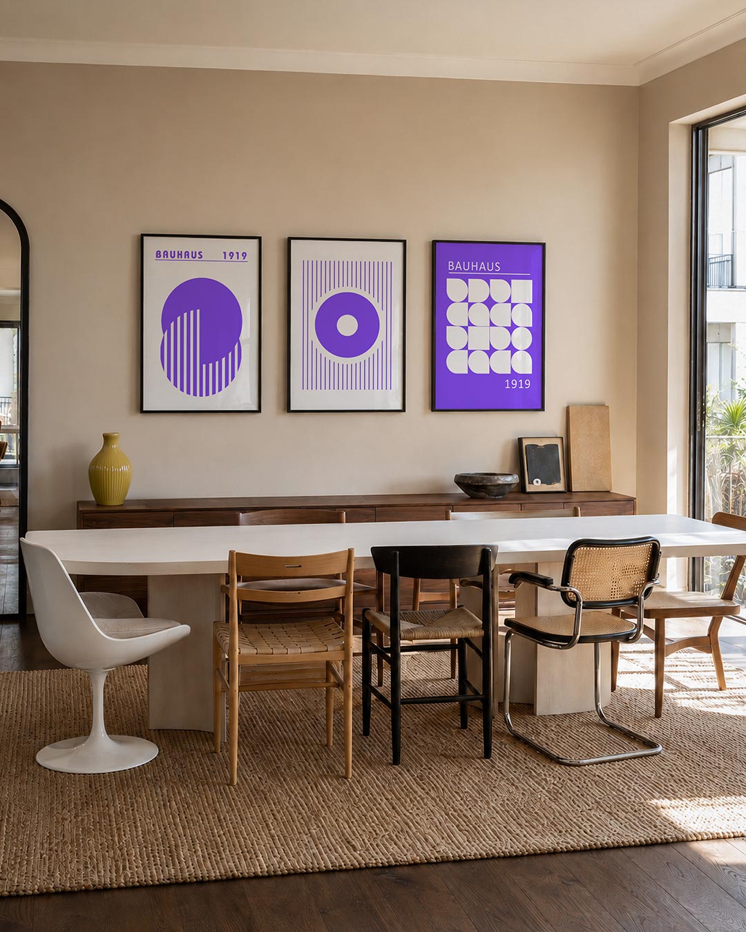Cirkel en strepen driedelige posterset – deze poster toont een paarse cirkel met verticale witte