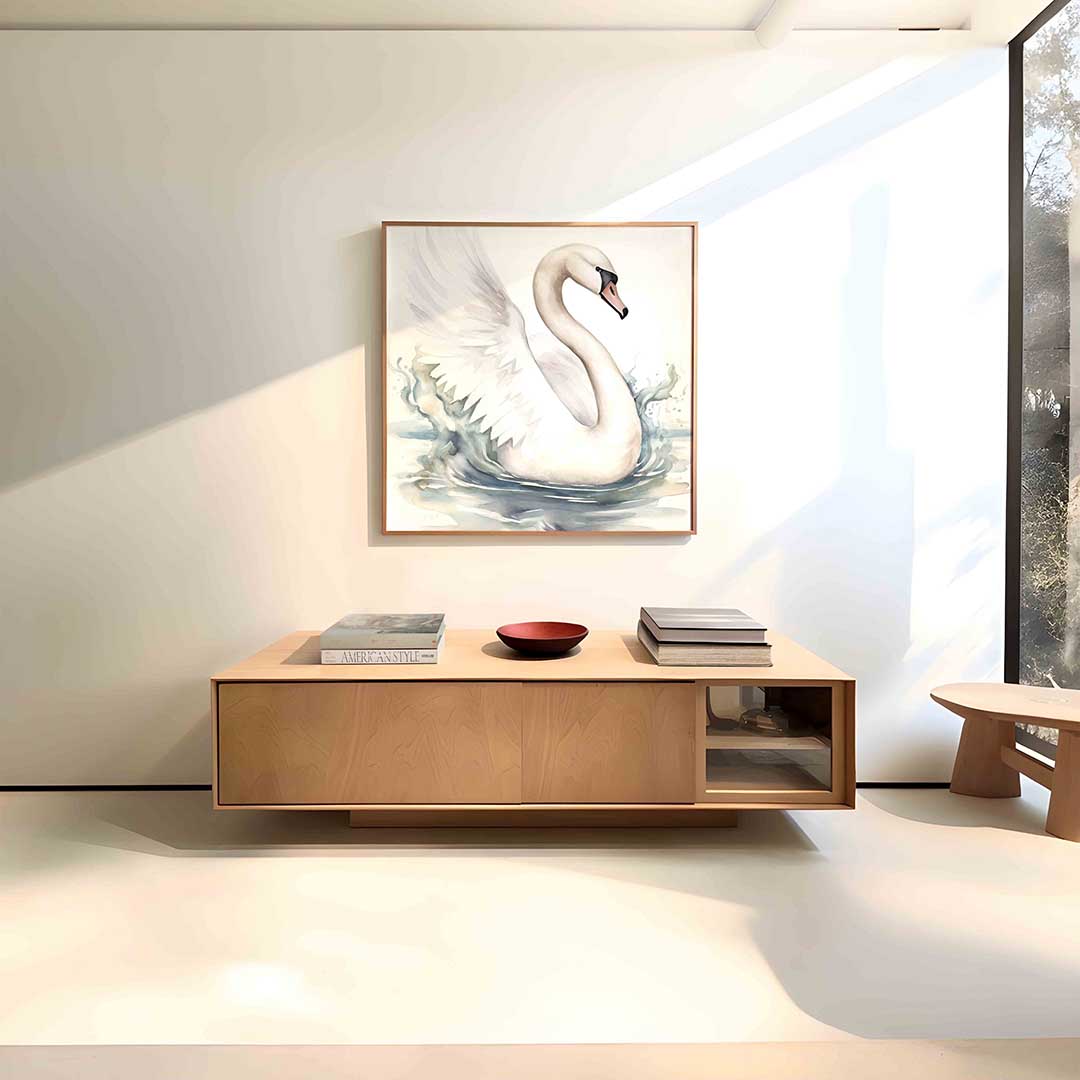 Zwaan op water – vierkante dieren wanddecoratie van WallArtistic