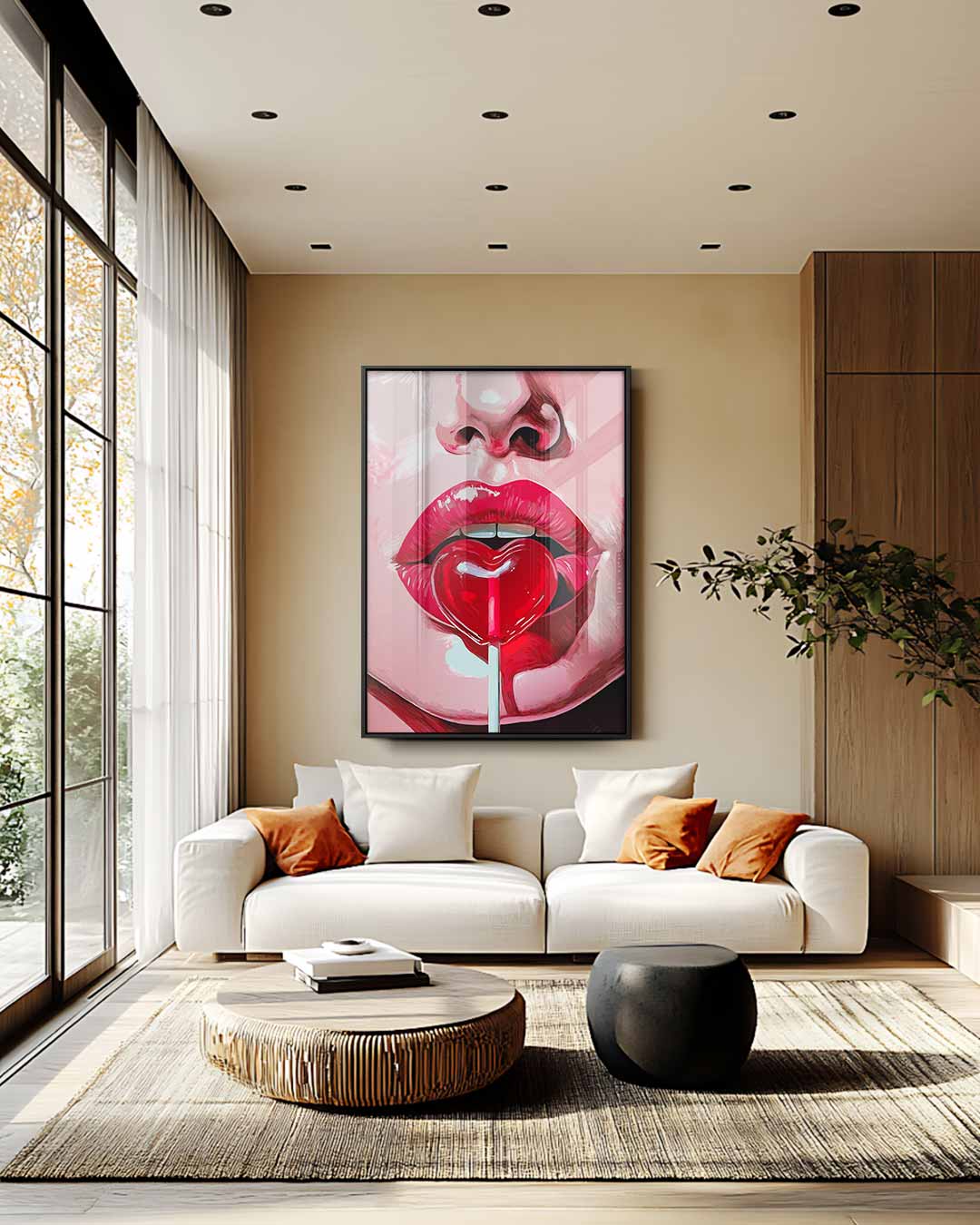 Lippen met Hart Lolly – staand kunstwerk voor modern interieur