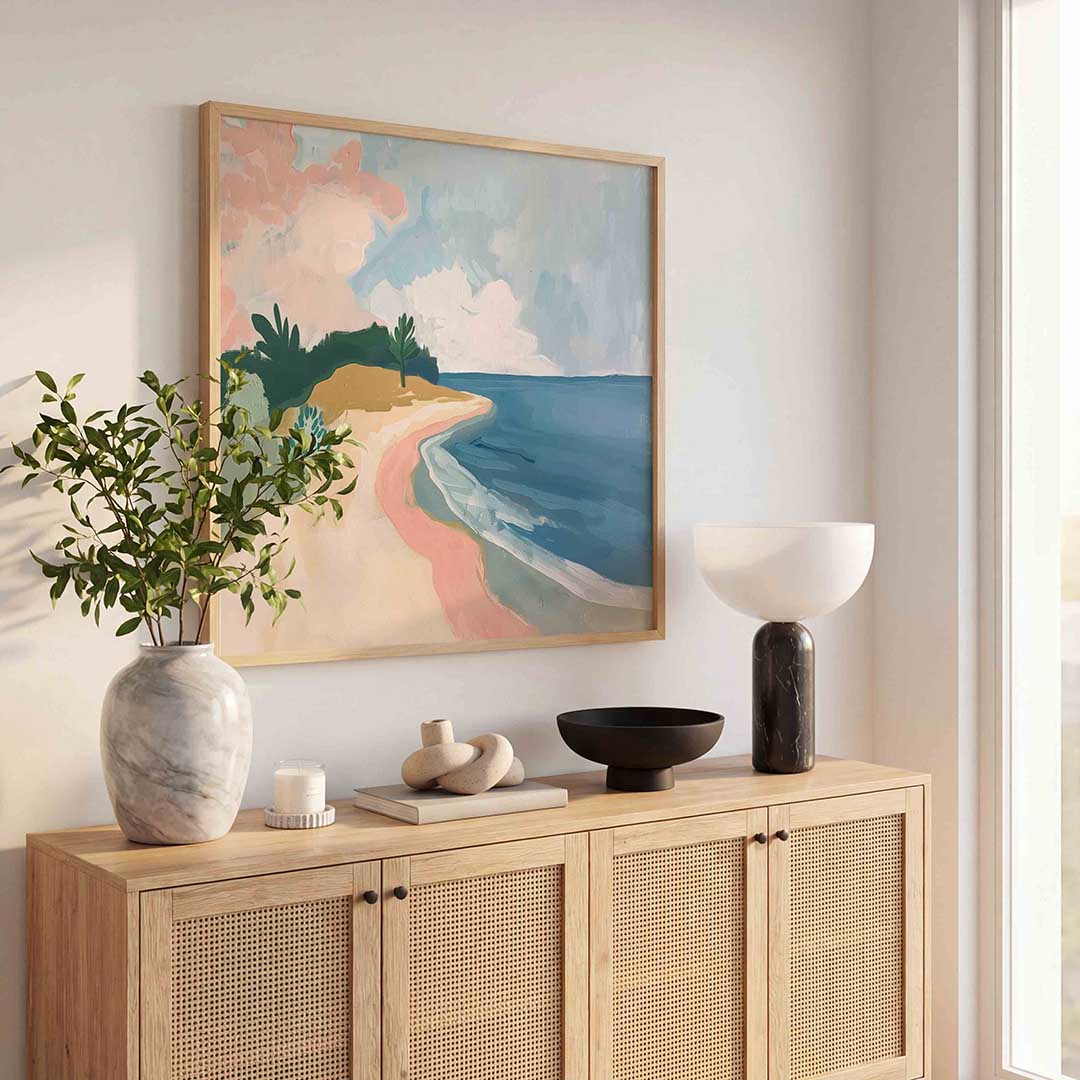 Strand en zee – kunst en design poster in vierkant formaat