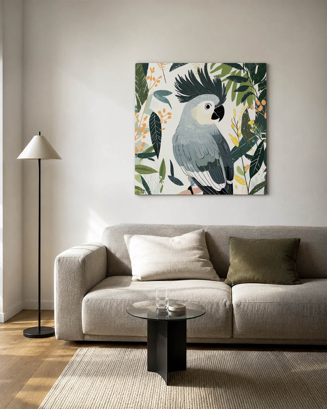 Vogels en bladeren kunstwerk – detailweergave – dit kunstwerk toont een vogel met gedetailleerde veren, omringd door diverse