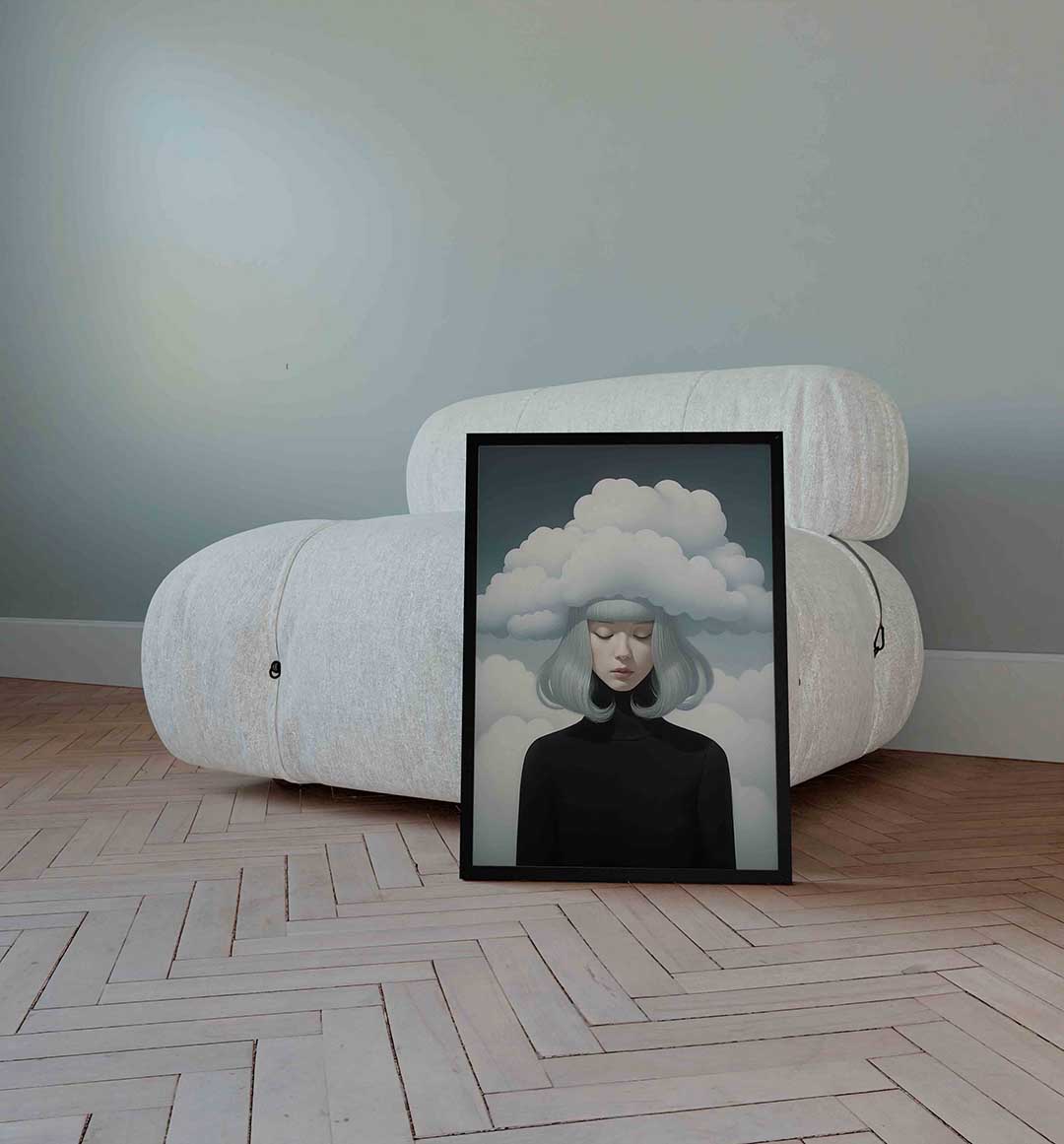 Vrouw met wolken – surrealistische wandkunst als portret poster