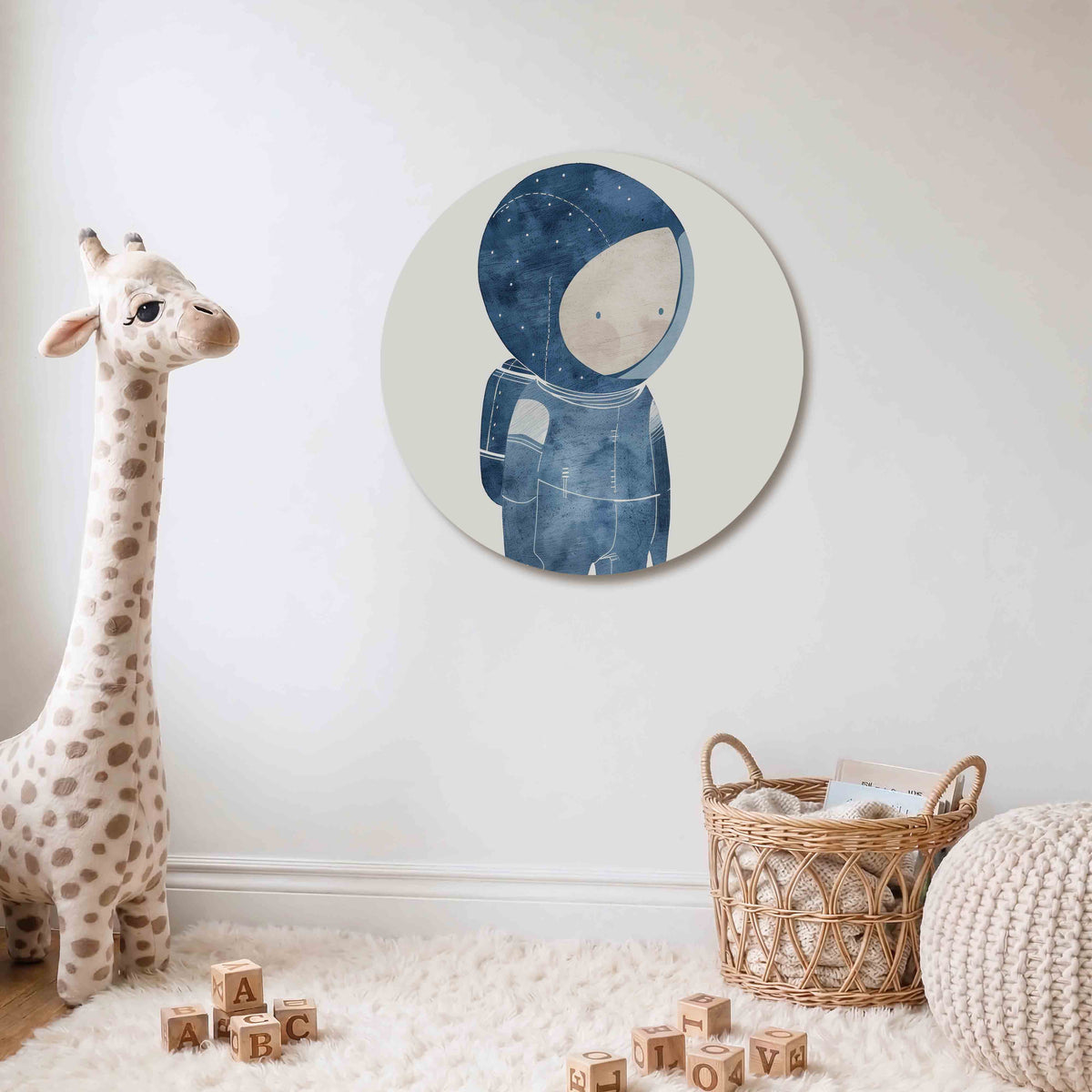 Astronaut in blauw Muurcirkel – Een figuur in een blauw ruimtepak met een beige gezicht en subtiele roze blosjes.