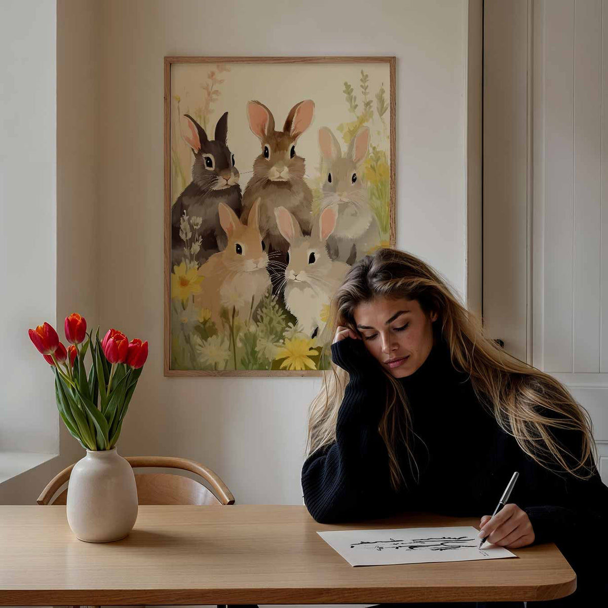 Schattige Konijnen in Bloemenveld – staande muurposter voor de kinderkamer