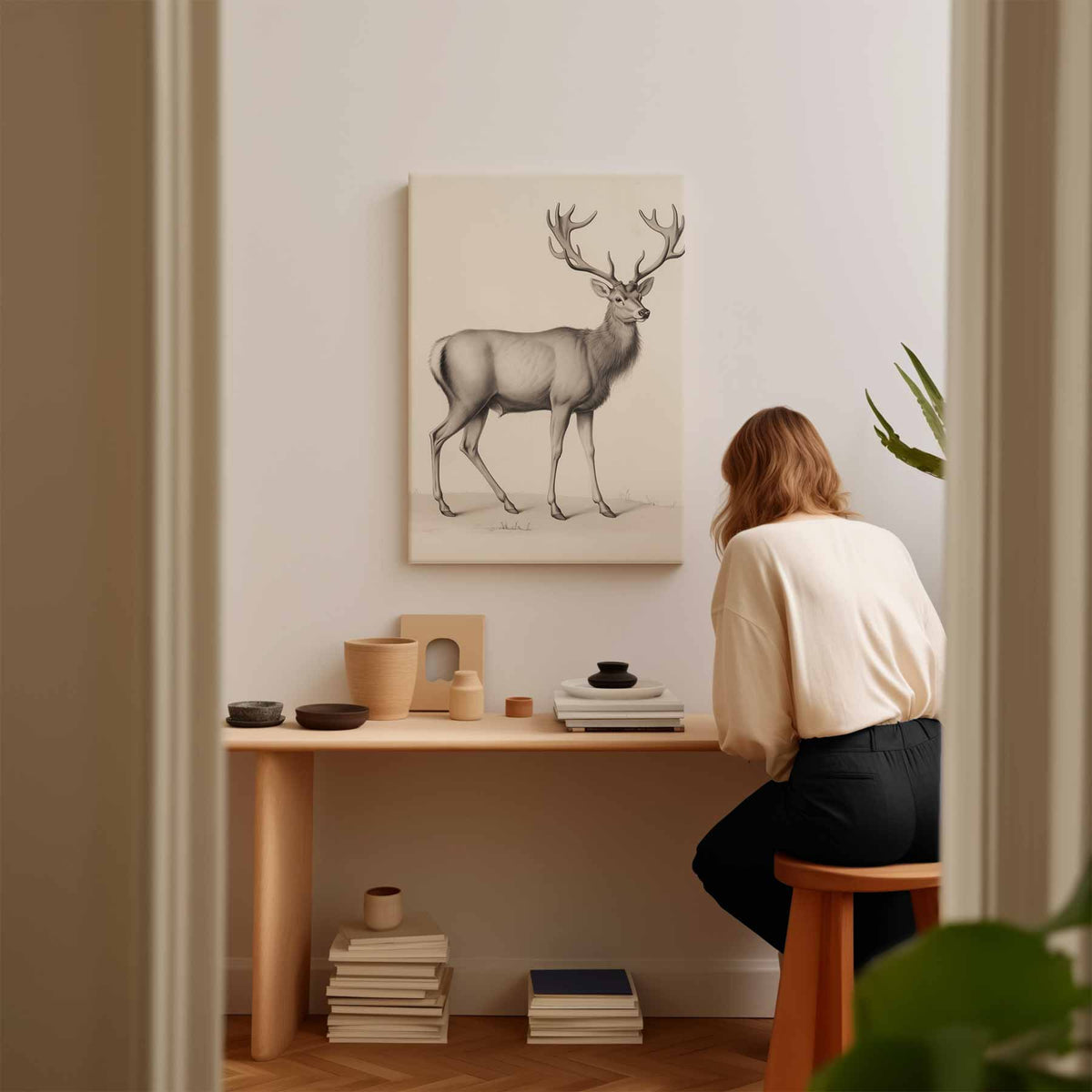 Elegante Hertenschets – kunstwerk met zwarte baklijst