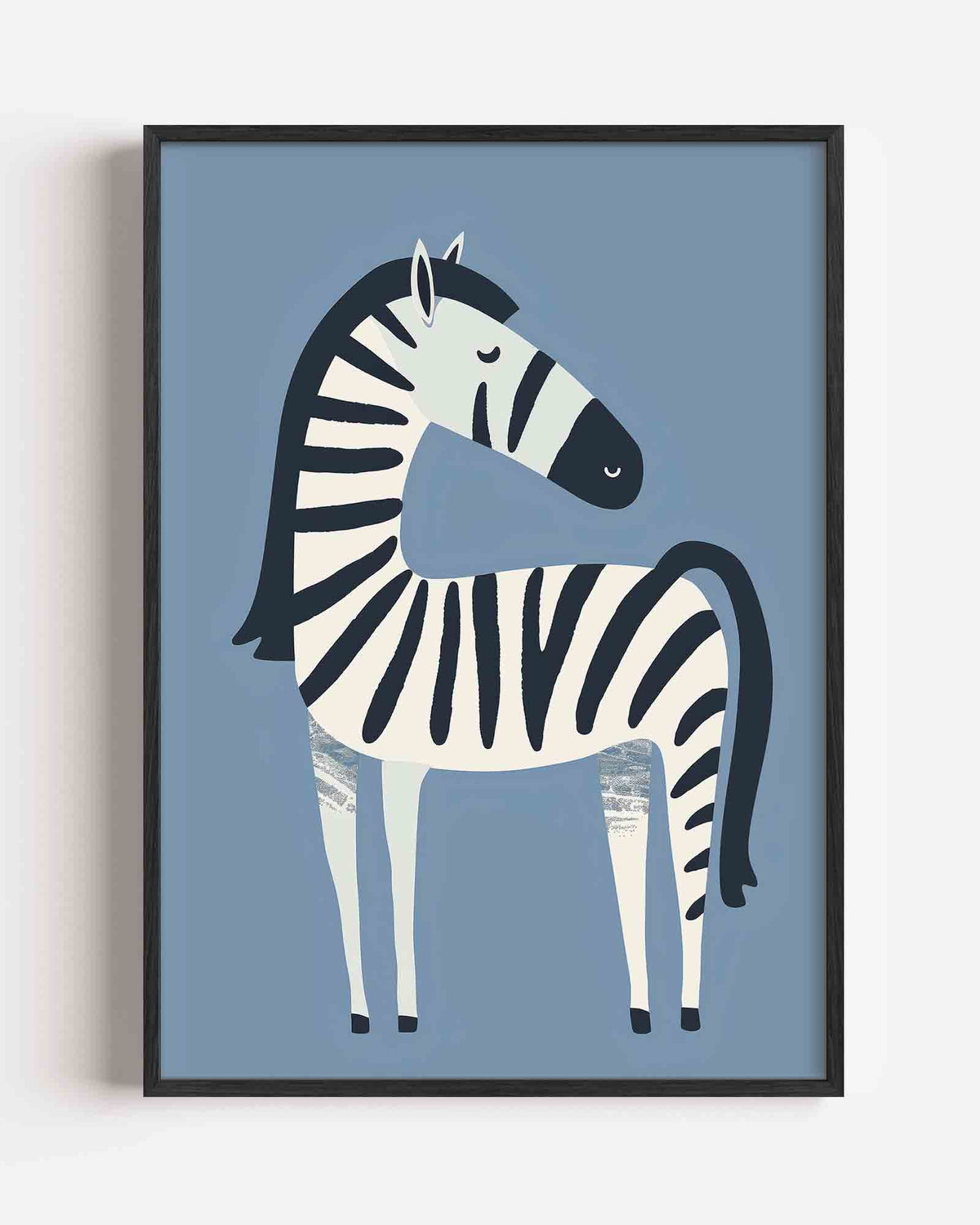 Zebra op blauwe achtergrond – kids portret poster als wanddecoratie