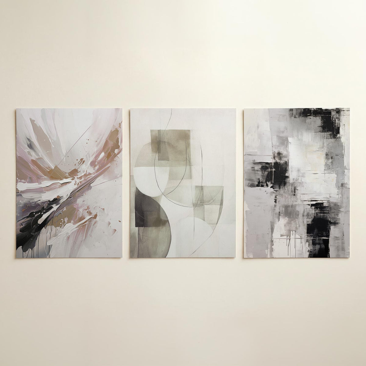 Dynamische kleurvlakken driedelige posterset in tweede interieur